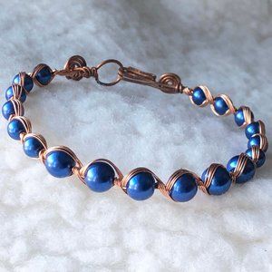 Handcrafted Blue Pearl Woven Copper Bracelet